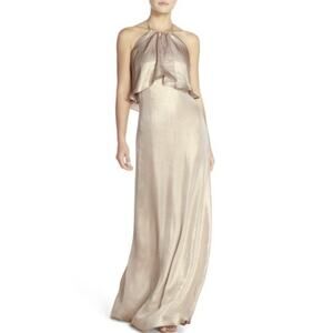 Nouvelle Amsale Lilith Dress in Rose Gold Liquid Metal Chiffon
